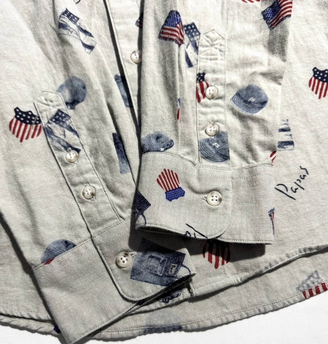 美品【定価4万超】Papas パパス 総柄 長袖シャツ 48(M) L相当 メンズ 星条旗 キャッププリント【雰囲気抜群の一枚】送料600円 ロゴ 日本製 _画像6