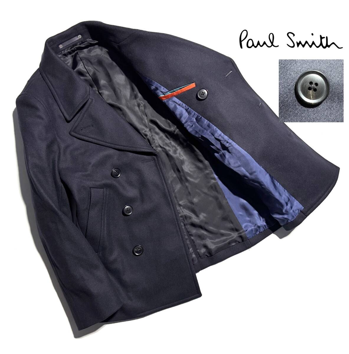美品【定価6万超】Paul Smith ポールスミス カシミヤ ピーコート M メンズ ウール メルトン【極上のカシミヤコート】ネイビー 保温性抜群_画像1
