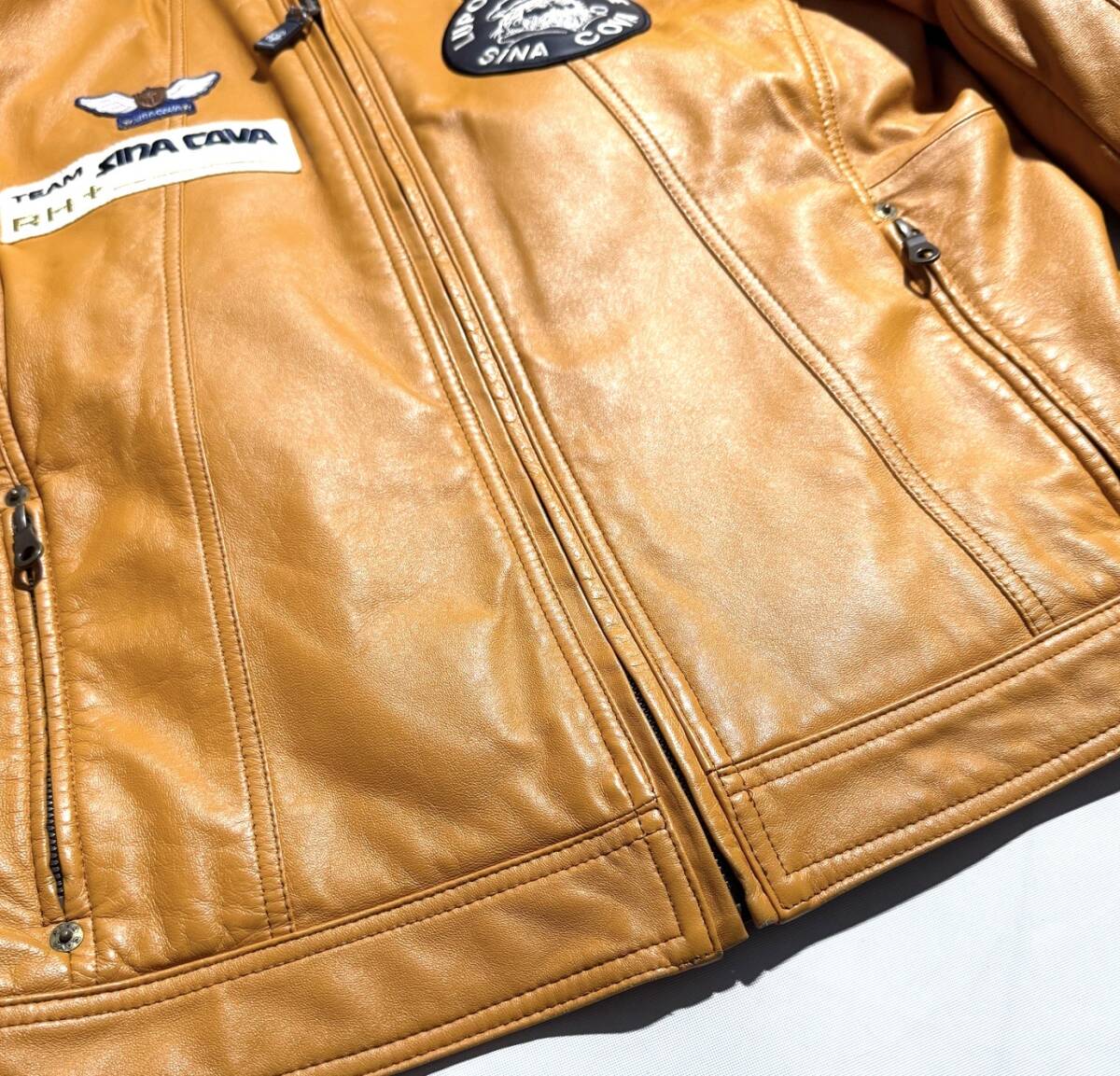 最高級【定価12万】SINA COVA シナコバ フルデコ レザージャケット M メンズ 羊革 船長【豪華ロゴ刺繍ワッペン】ライダース 中綿_画像6