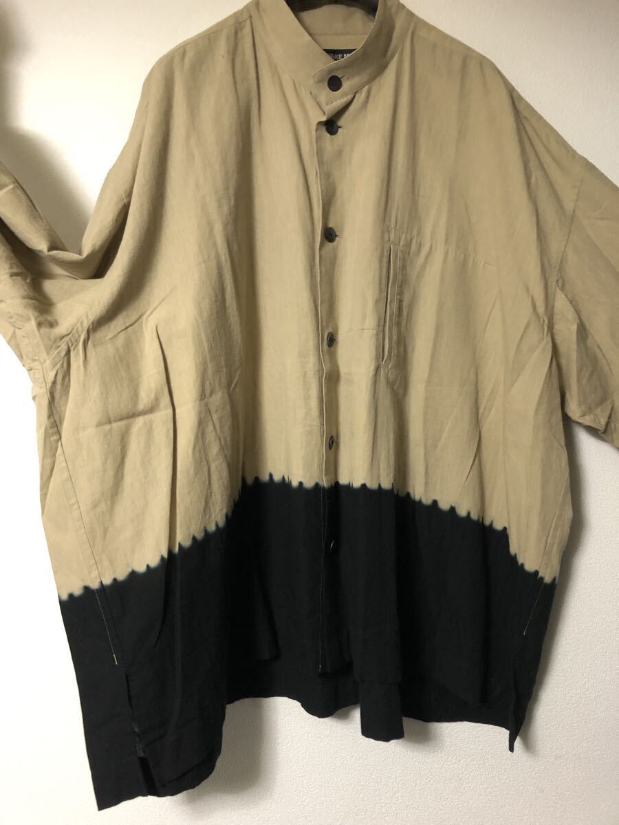 ISSEY MIYAKE MEN 20SS 染め切替 バンドカラーシャツ ツートーン メンズ ワイド オーバーサイズ 縦ポケット カーキ 黒 スタンド タイダイ_画像2