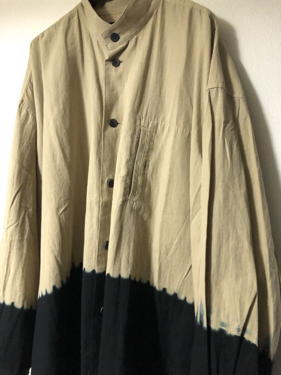ISSEY MIYAKE MEN 20SS 染め切替 バンドカラーシャツ ツートーン メンズ ワイド オーバーサイズ 縦ポケット カーキ 黒 スタンド タイダイ_画像3