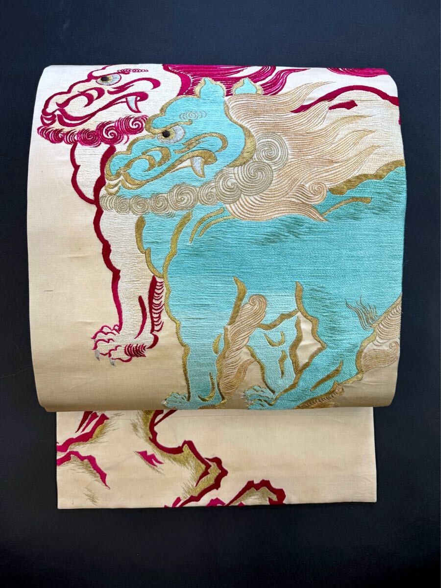 アンティーク着物◆即決！唐獅子　手刺繍　名古屋帯　日本刺繍　大正ロマン　正絹　 古布　 きものさらさ奈良店_画像1