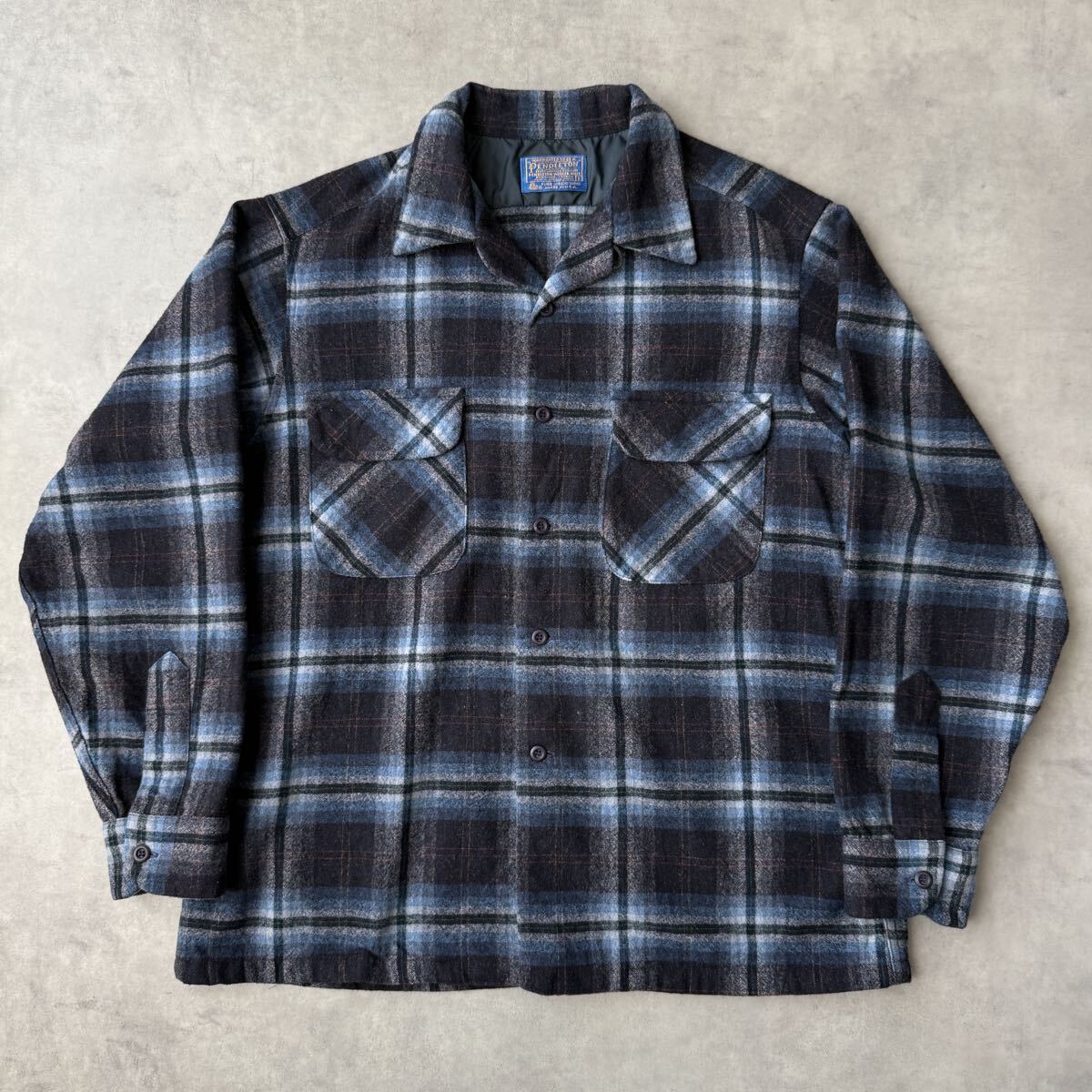 70s PENDLETON ペンドルトン ボードシャツ Lサイズ ウール 長袖 ビンテージ チェック USA製 オープンカラーシャツ オンブレ ブルー_画像2