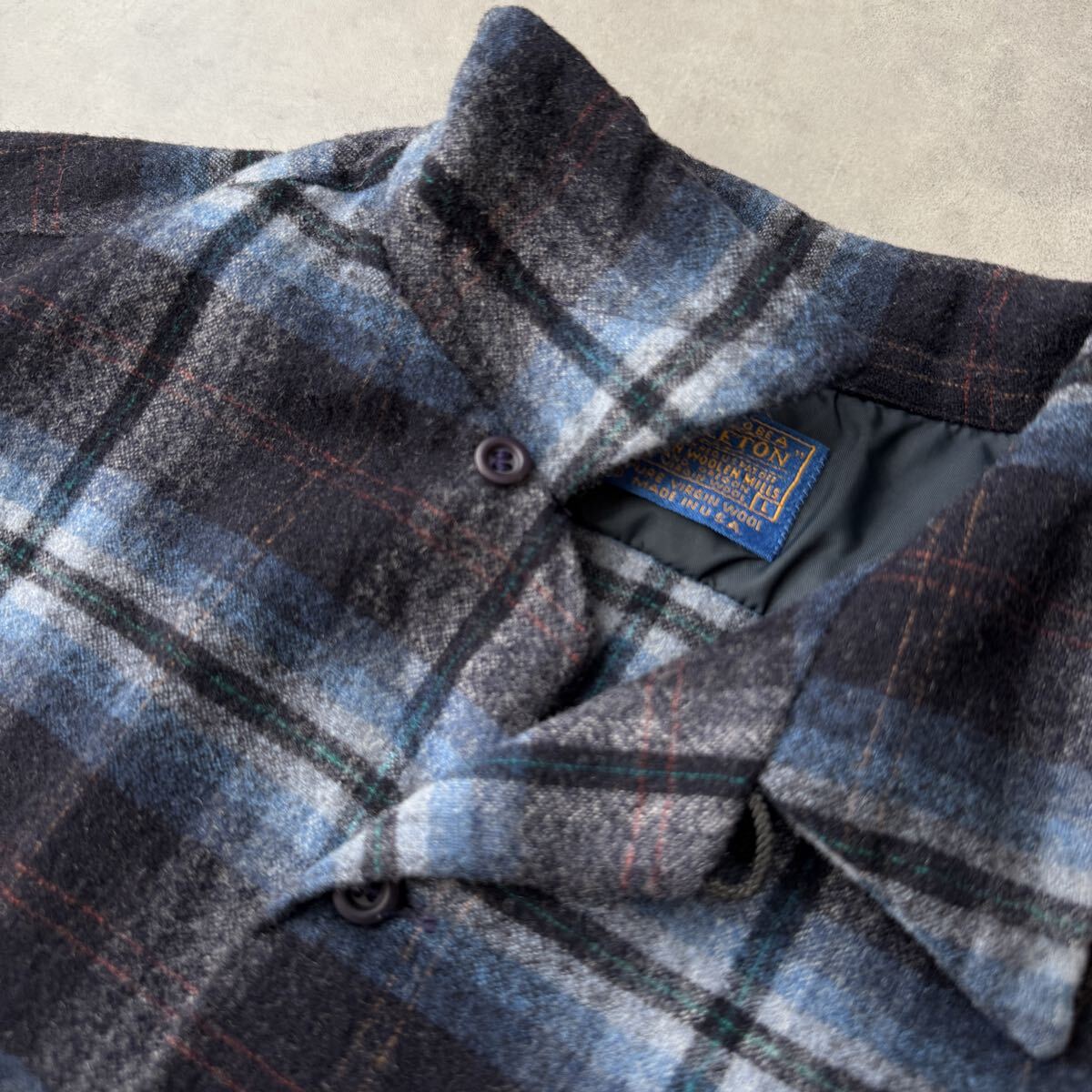 70s PENDLETON ペンドルトン ボードシャツ Lサイズ ウール 長袖 ビンテージ チェック USA製 オープンカラーシャツ オンブレ ブルー_画像5