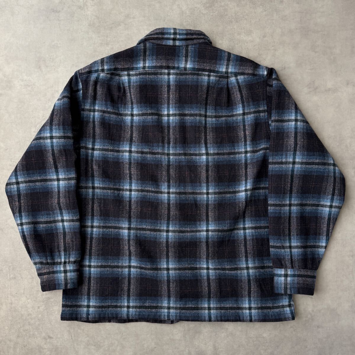 70s PENDLETON ペンドルトン ボードシャツ Lサイズ ウール 長袖 ビンテージ チェック USA製 オープンカラーシャツ オンブレ ブルー_画像9