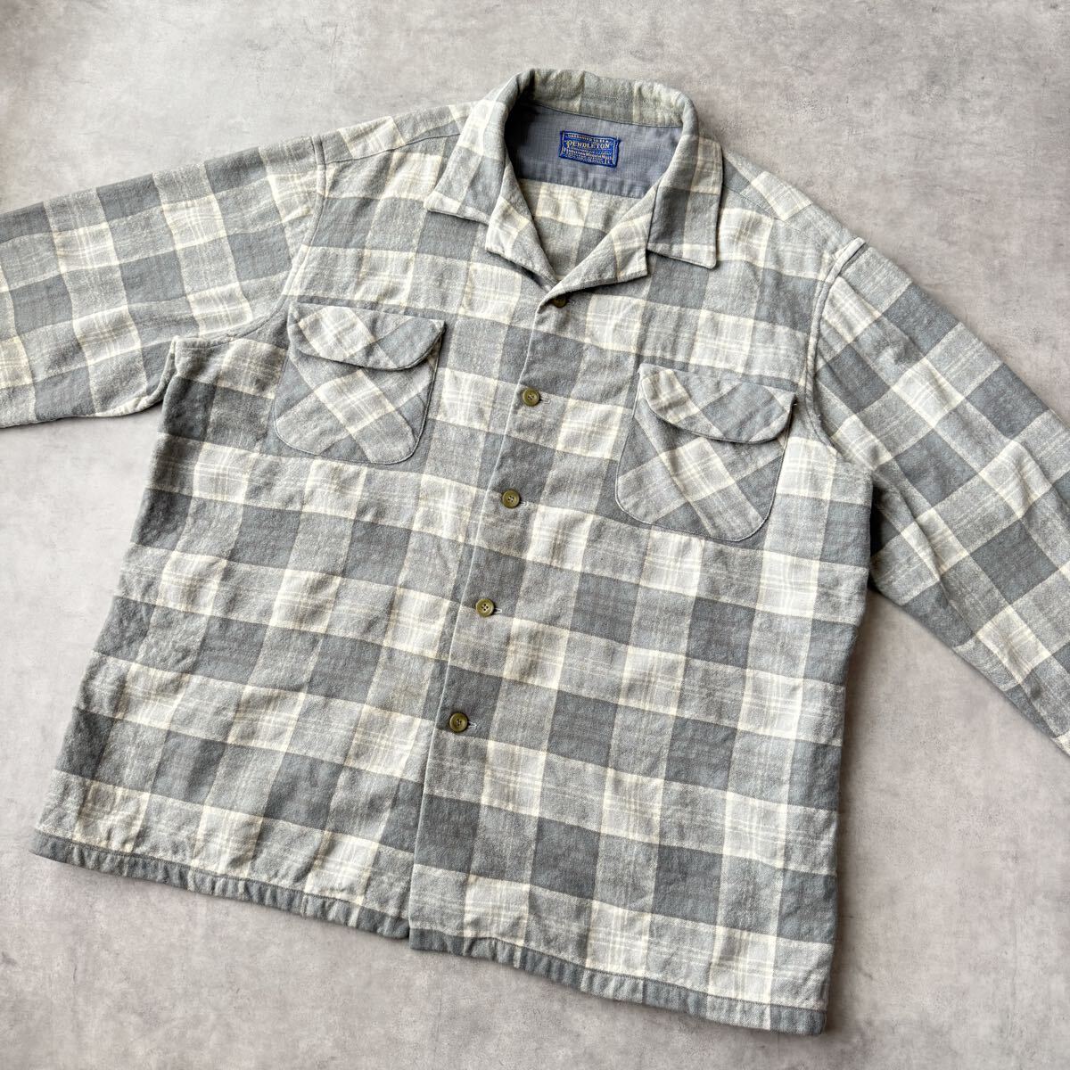 Pendleton ペンドルトン ボードシャツ シャツ Lサイズ USA製 グレー チェック ビンテージ オープンカラー オンブレ ウール 長袖 50s 60s_画像3