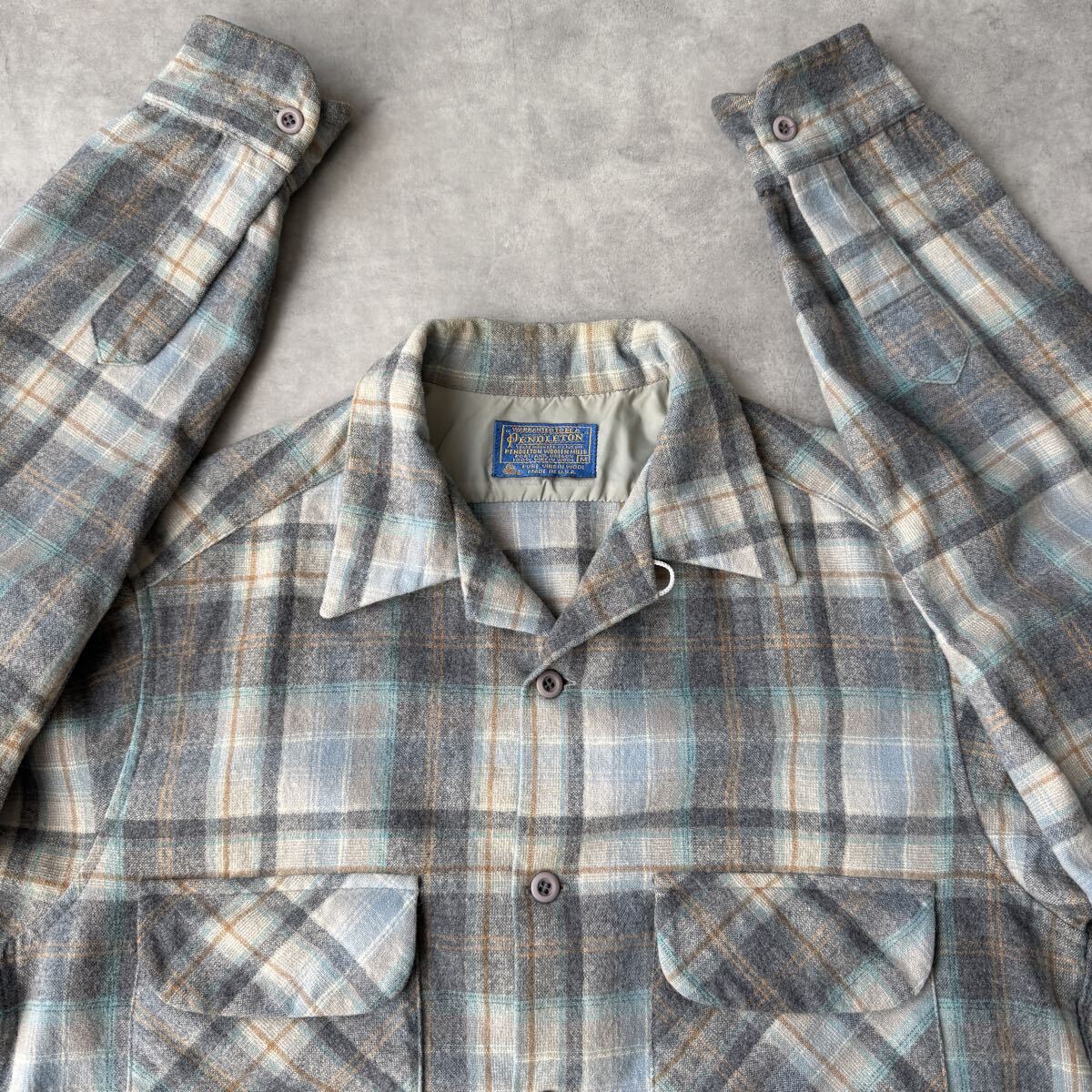 70s PENDLETON ペンドルトン ボードシャツ Mサイズ ウール 長袖 ビンテージ チェック USA製 オープンカラーシャツ オンブレ _画像1