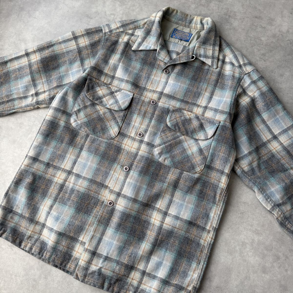 70s PENDLETON ペンドルトン ボードシャツ Mサイズ ウール 長袖 ビンテージ チェック USA製 オープンカラーシャツ オンブレ _画像3