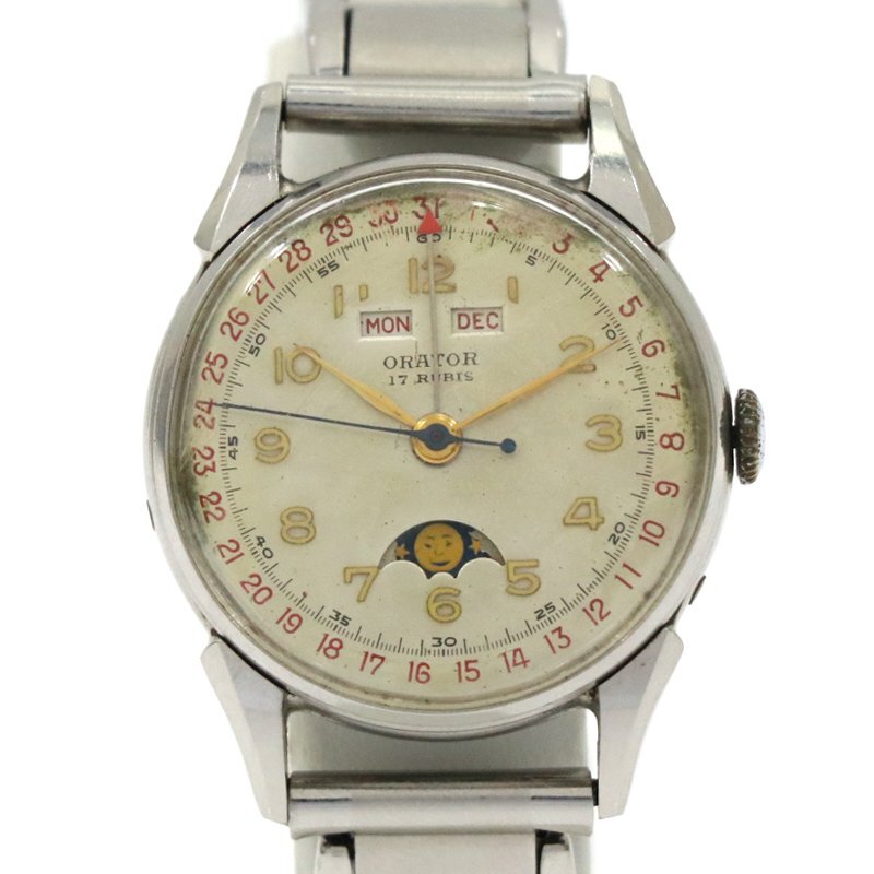 ◆ 送料無料 ◆ ORATOR / オレーター ◆ トリプルカレンダー ムーンフェイズ 腕時計 手巻き ステンレス シルバー文字盤 稼動品 社外ベルト_画像1