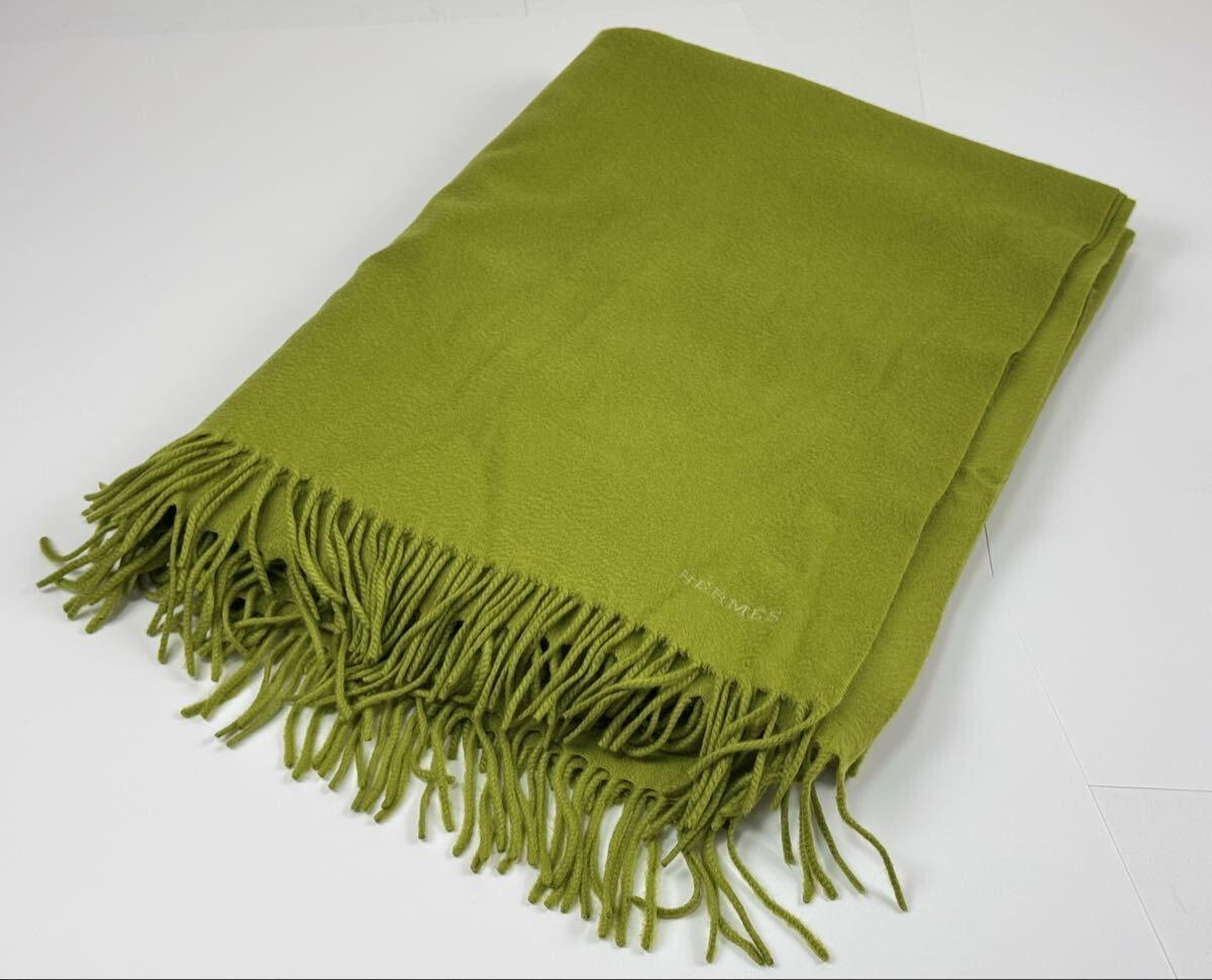 AZ-376 美品 HERMES カシミヤ 超大判 グリーン 緑 ブランケット 毛布 ひざ掛け エルメス ショール ストール 200×150cm _画像4