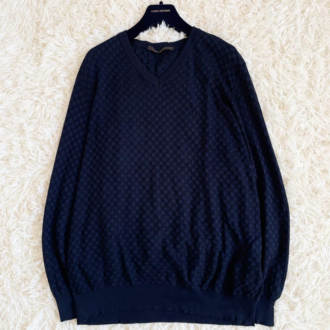 XL相当●LOUIS VUITTON ルイヴィトン 【圧巻のダミエ総柄 シルク100%】 ニット Vネック セーター ダークネイビー 濃紺 メンズ 長袖_画像1