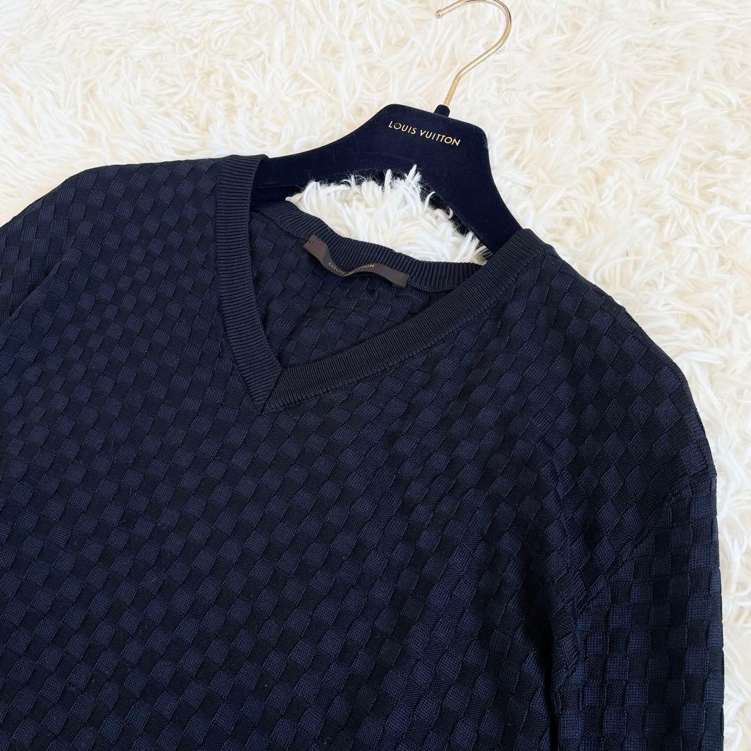 XL相当●LOUIS VUITTON ルイヴィトン 【圧巻のダミエ総柄 シルク100%】 ニット Vネック セーター ダークネイビー 濃紺 メンズ 長袖_画像2