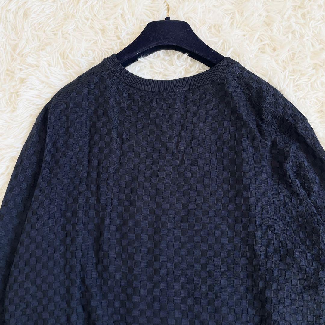 XL相当●LOUIS VUITTON ルイヴィトン 【圧巻のダミエ総柄 シルク100%】 ニット Vネック セーター ダークネイビー 濃紺 メンズ 長袖_画像5