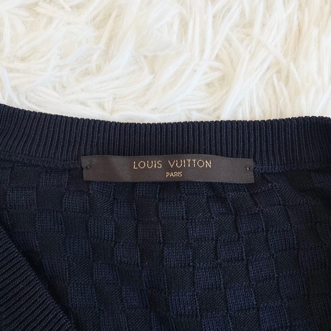 XL相当●LOUIS VUITTON ルイヴィトン 【圧巻のダミエ総柄 シルク100%】 ニット Vネック セーター ダークネイビー 濃紺 メンズ 長袖_画像6
