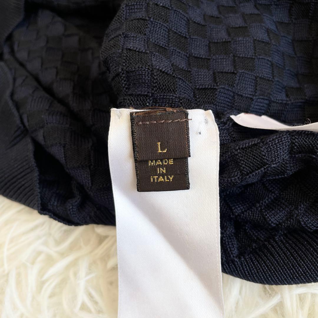 XL相当●LOUIS VUITTON ルイヴィトン 【圧巻のダミエ総柄 シルク100%】 ニット Vネック セーター ダークネイビー 濃紺 メンズ 長袖_画像7