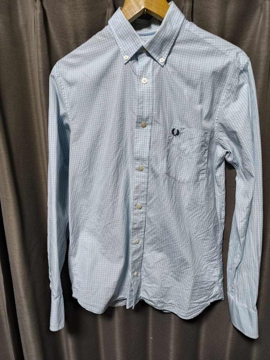 フレッドペリー ギンガムチェック ボタンダウンシャツ 長袖 FRED PERRY 水色 sサイズ_画像1