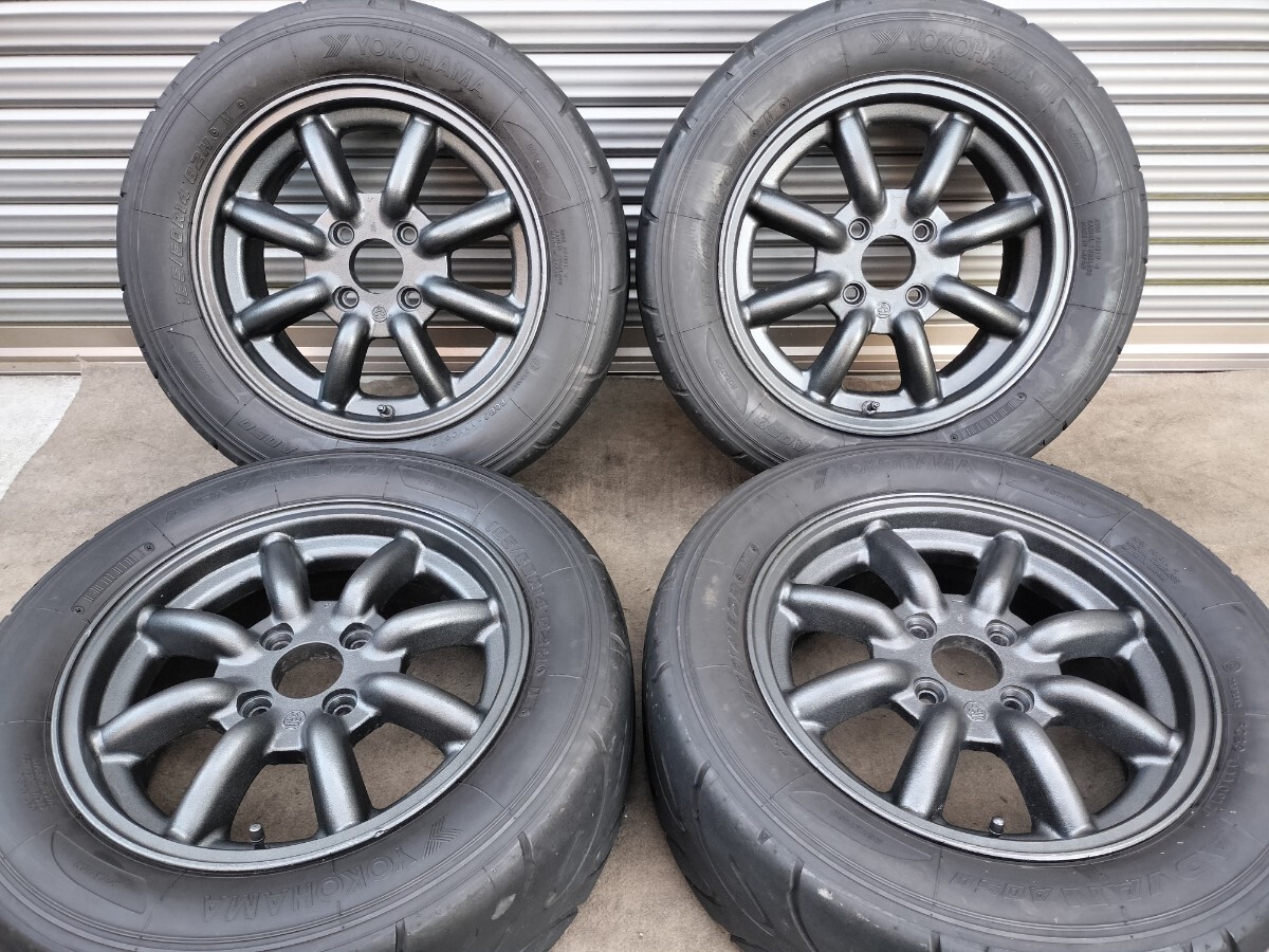 ワタナベ F8F 14インチ 14×6J 4H PCD100 約+36 ADVAN A050 185/60R14★ガンメタ再塗装 エイトスポーク 8 シビック ロードスター等 当時物_画像1