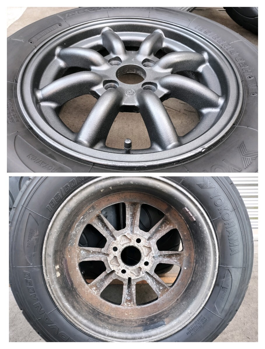 ワタナベ F8F 14インチ 14×6J 4H PCD100 約+36 ADVAN A050 185/60R14★ガンメタ再塗装 エイトスポーク 8 シビック ロードスター等 当時物_画像6