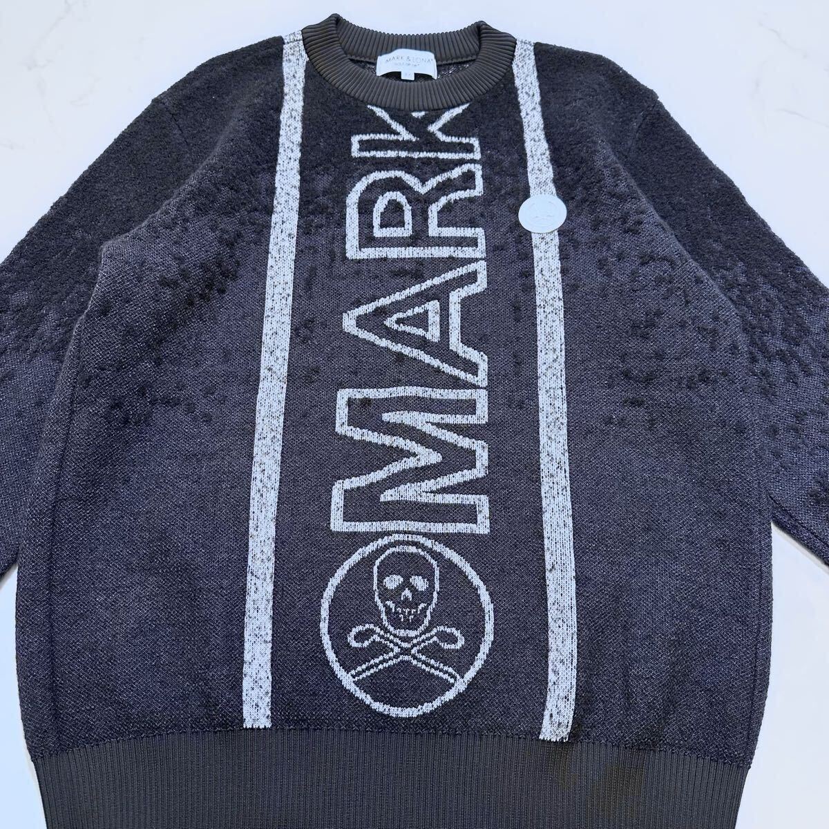 未使用級◎マークアンドロナ ニットセーター スカル ロゴ ワッペン 現行タグ ゴルフウェア 秋冬 ウール メンズ ブラック 黒 46 MARK&LONA_画像5