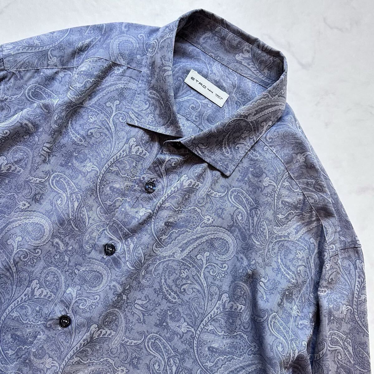 極美品 2XL相当◎エトロ ETRO ドレスシャツ 現行タグ ペイズリー柄 総柄 ワイドカラー 長袖 近年モデル イタリア製 メンズ ネイビー系 紺44_画像2