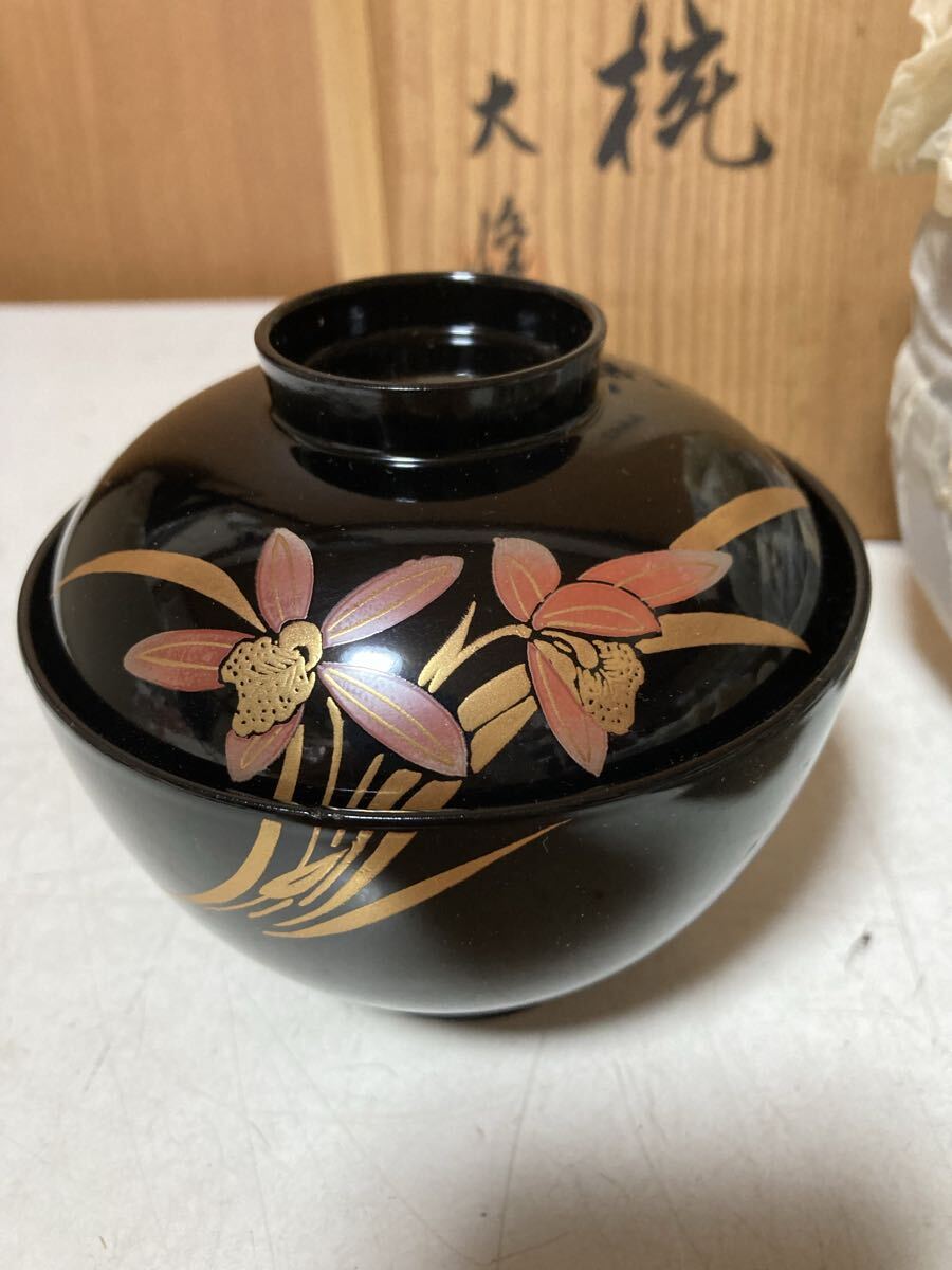 未使用 長期保管品 特選漆器　吸物椀　大峰　会津塗り　藪柑子吸椀揃い　5個セット　お正月　お雑煮　料理　漆器　吸椀 黒 _画像2