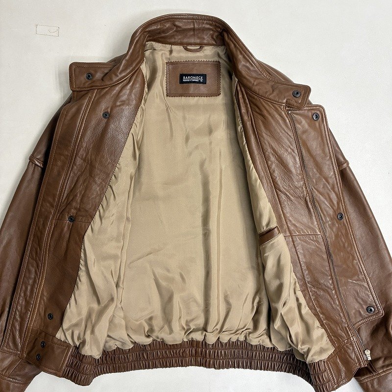 ◆ BARONECE バロネーゼ レザージャケット ノーカラー アウター フロントジップ ボタン 肩パッド 古着 羊革 ブラウン サイズM メンズ_画像6