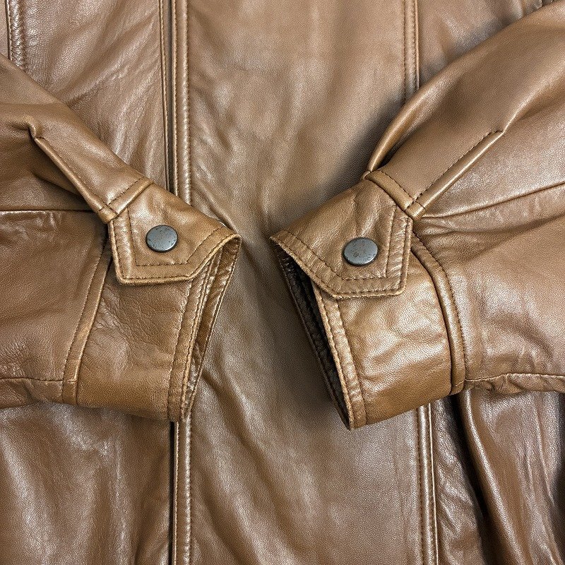 ◆ BARONECE バロネーゼ レザージャケット ノーカラー アウター フロントジップ ボタン 肩パッド 古着 羊革 ブラウン サイズM メンズ_画像5