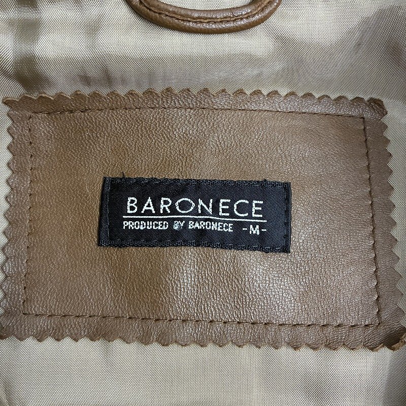 ◆ BARONECE バロネーゼ レザージャケット ノーカラー アウター フロントジップ ボタン 肩パッド 古着 羊革 ブラウン サイズM メンズ_画像9