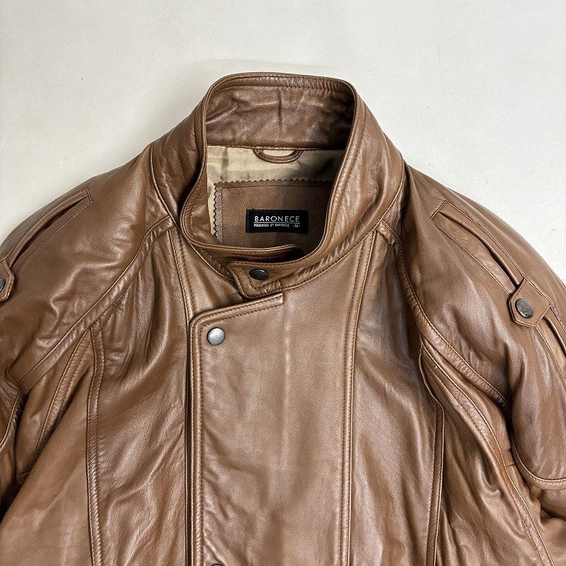 ◆ BARONECE バロネーゼ レザージャケット ノーカラー アウター フロントジップ ボタン 肩パッド 古着 羊革 ブラウン サイズM メンズ_画像3