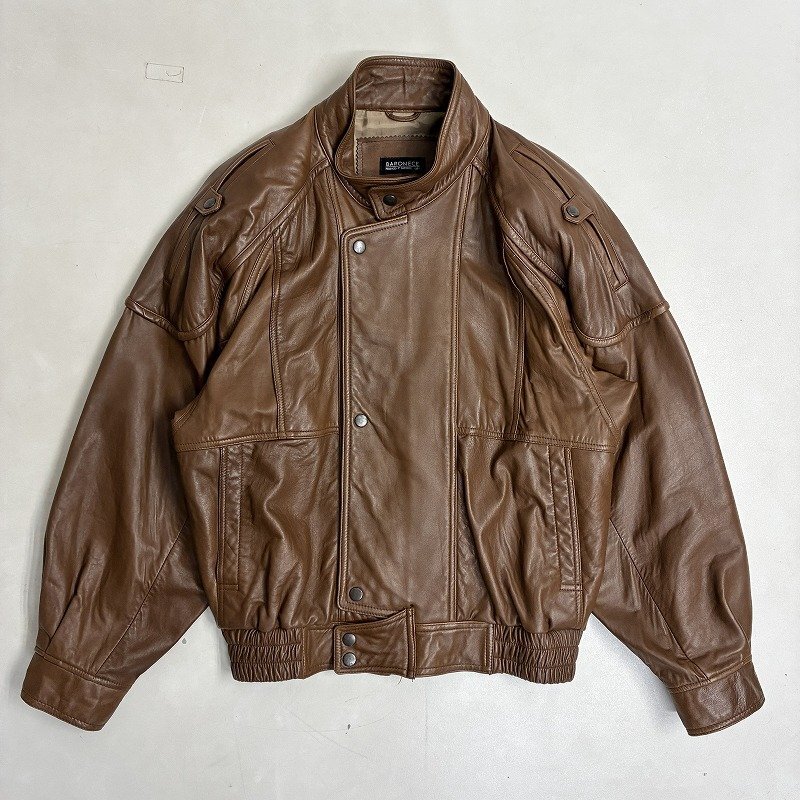 ◆ BARONECE バロネーゼ レザージャケット ノーカラー アウター フロントジップ ボタン 肩パッド 古着 羊革 ブラウン サイズM メンズ_画像1