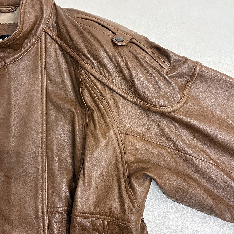 ◆ BARONECE バロネーゼ レザージャケット ノーカラー アウター フロントジップ ボタン 肩パッド 古着 羊革 ブラウン サイズM メンズ_画像7