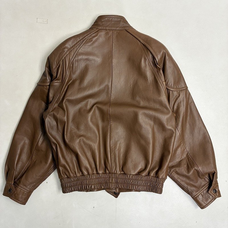 ◆ BARONECE バロネーゼ レザージャケット ノーカラー アウター フロントジップ ボタン 肩パッド 古着 羊革 ブラウン サイズM メンズ_画像2