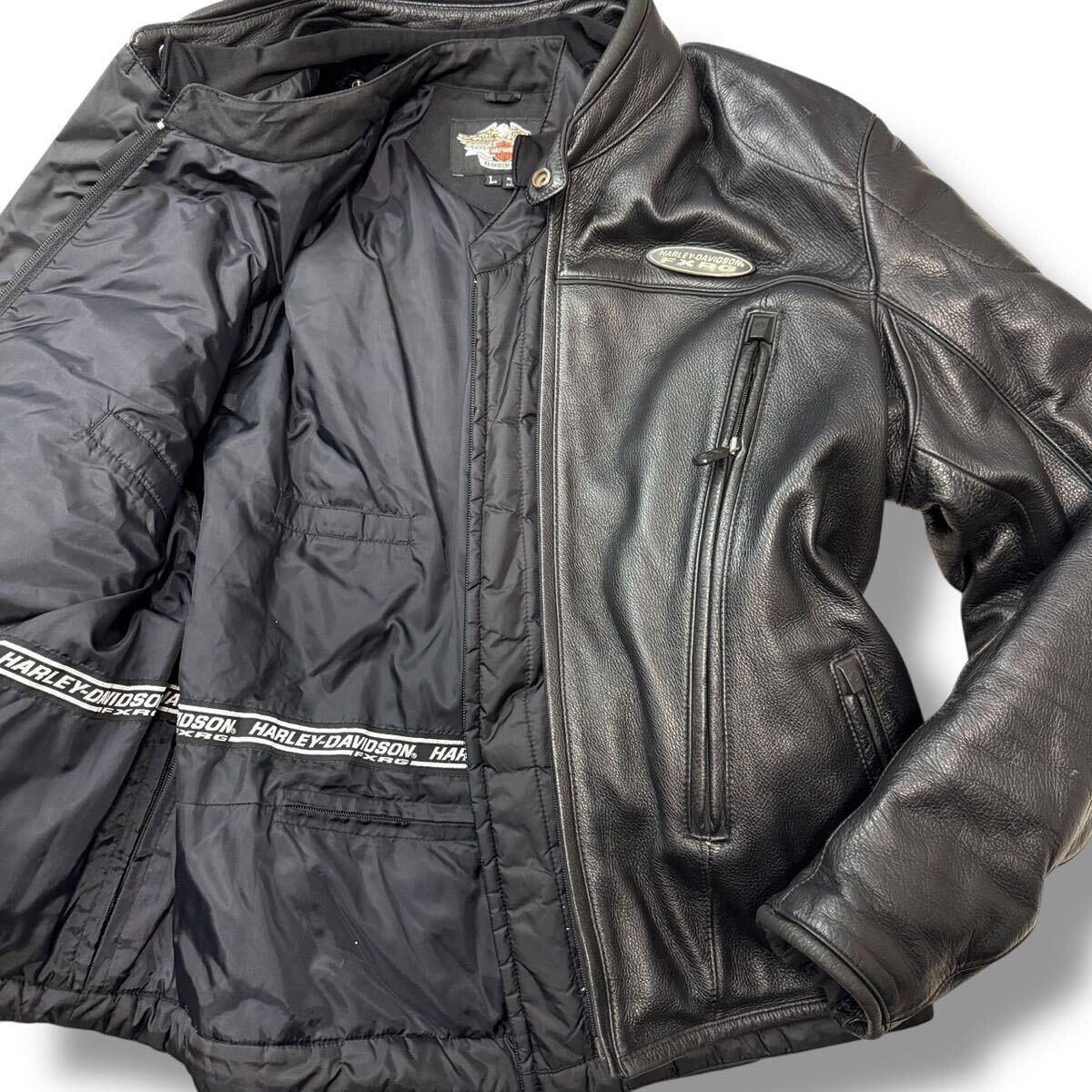 1514 希少L ハーレーダビットソン Harley Davidson 中綿ライナー シングルライダースジャケット レザー バイクウェア プロテクター 黒 本革_画像1