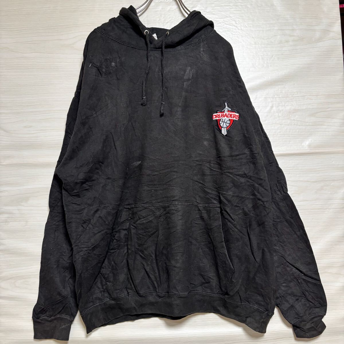 VINTAGE ヴィンテージ プルオーバーパーカー フーディー スウェット バスケ ロゴ刺繍 サイズXL ブラック コットン メンズ トップス（41）_画像1