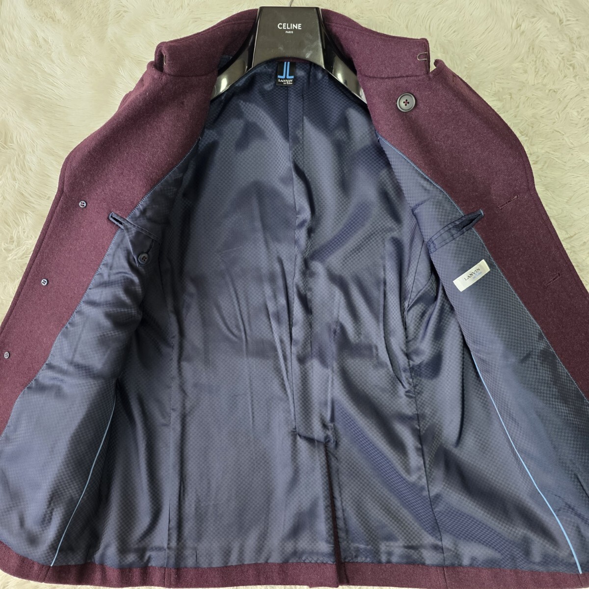 美品/48/L位 ●ランバン Pコート LANVIN アウター ピーコート ジャケット ボルドー系 ウール 羊革 レザー ベルト メンズ ポールスミス 肉厚_画像7