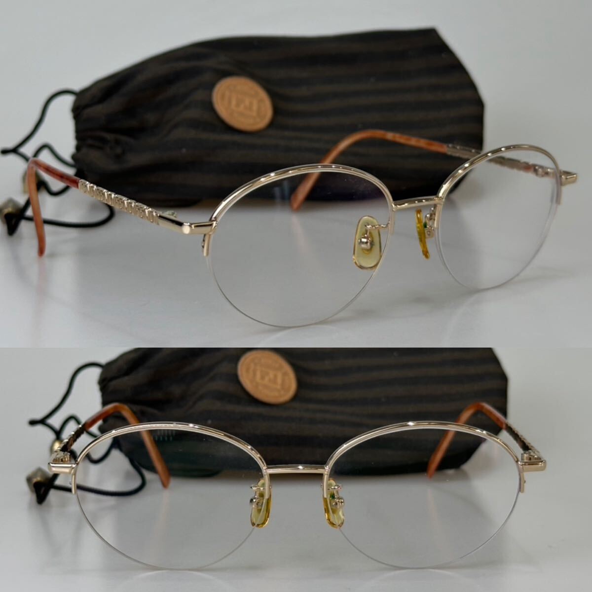 90's FENDI FE-5002 ハーフリム 度入り メガネ フレーム 54□17 140 ゴールド ロゴ 眼鏡 サングラス フェンディ vintage レディース_画像1