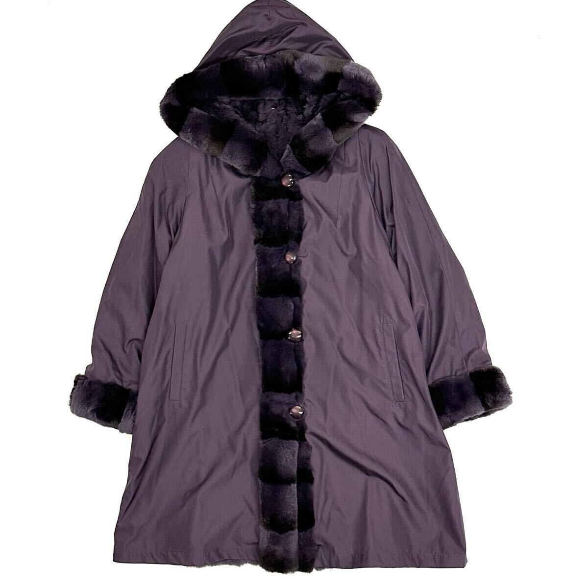 美品 PARTINA パルティーナ ラビット ファー シルク フード ゴージャス リバーシブル ロング コート(11)パープル 毛皮 レディース アウター_画像4