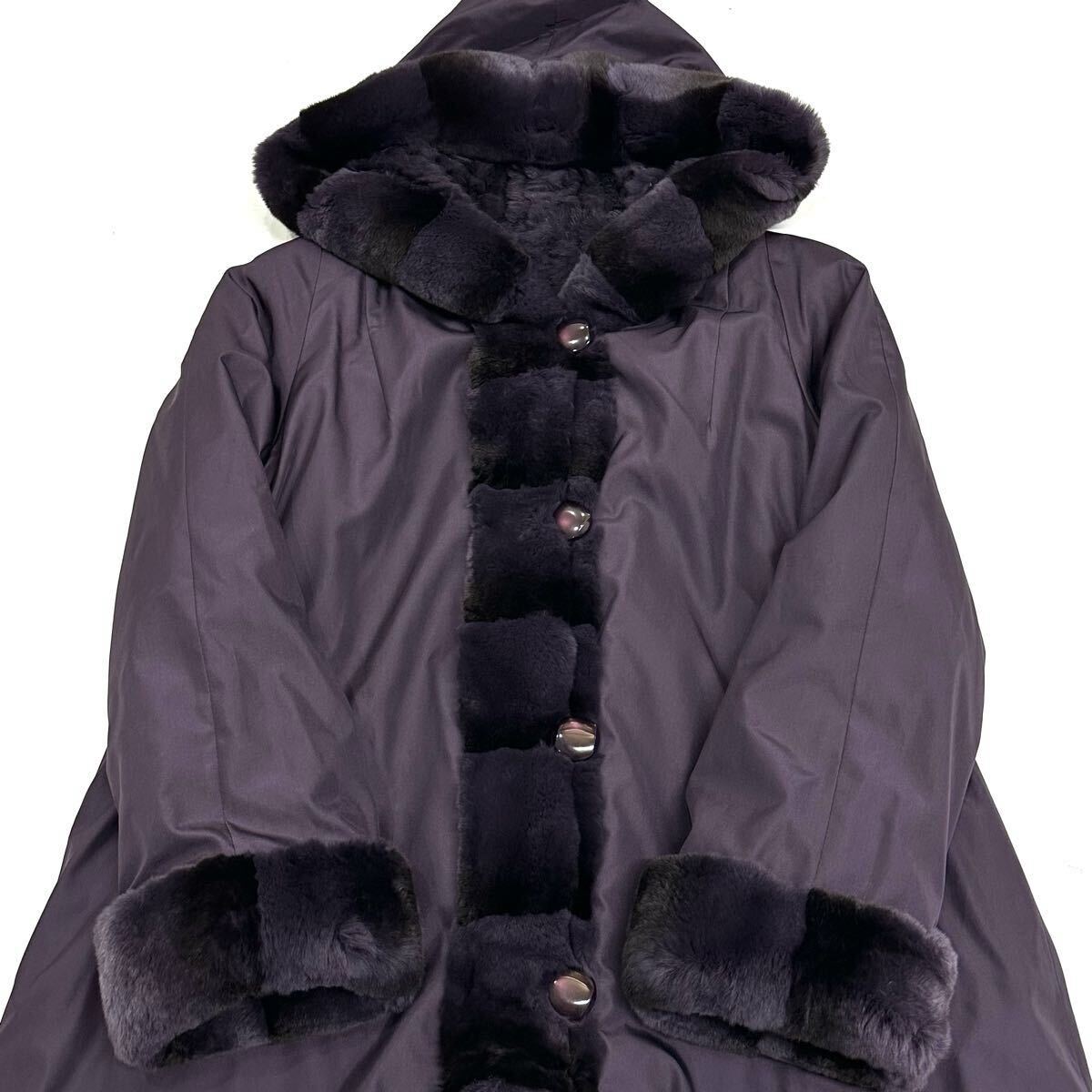 美品 PARTINA パルティーナ ラビット ファー シルク フード ゴージャス リバーシブル ロング コート(11)パープル 毛皮 レディース アウター_画像6