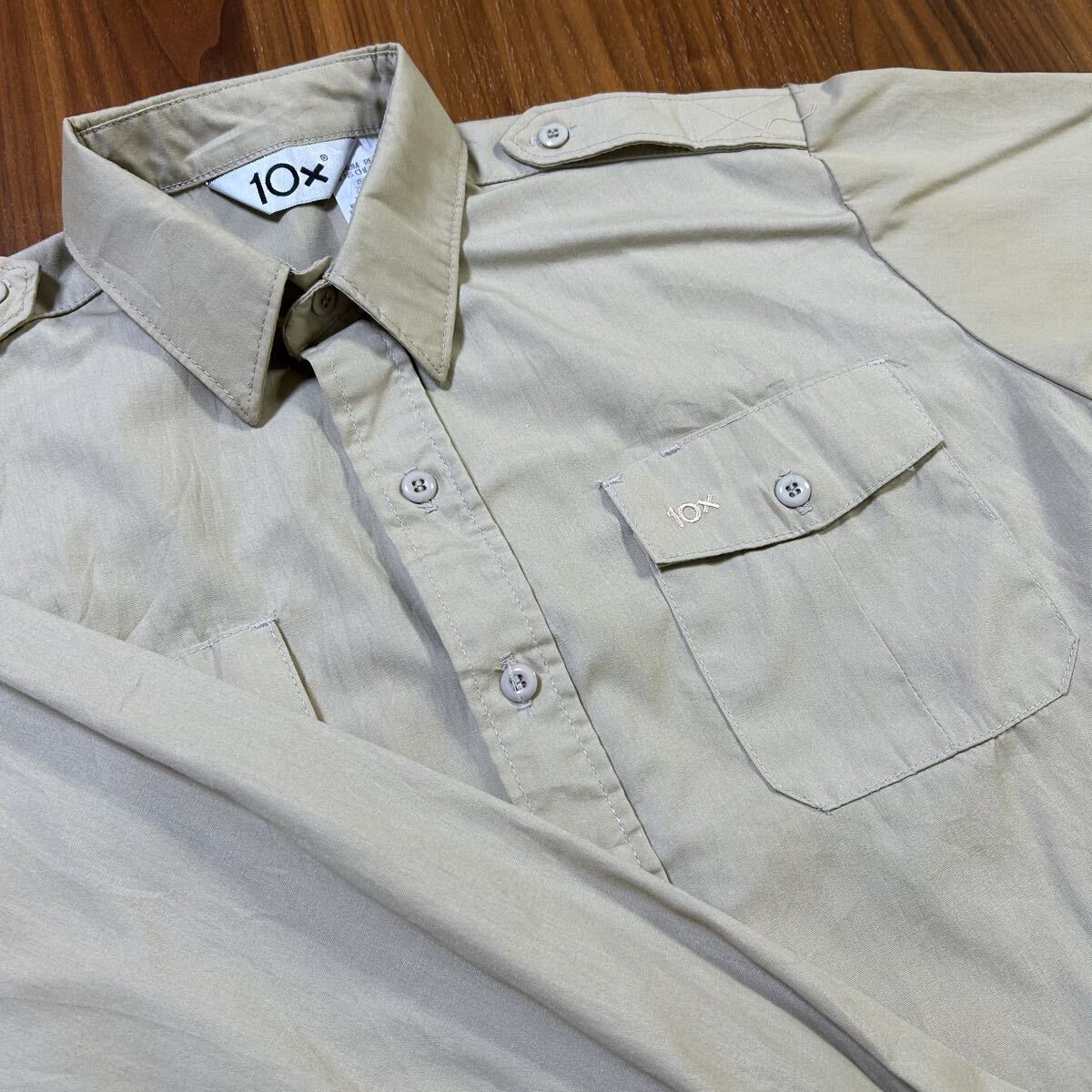 10X シャツ USA製 ワークシャツ 長袖 胸ポケット 胸ロゴ 刺繍ロゴ ベージュ 古着 M_画像1