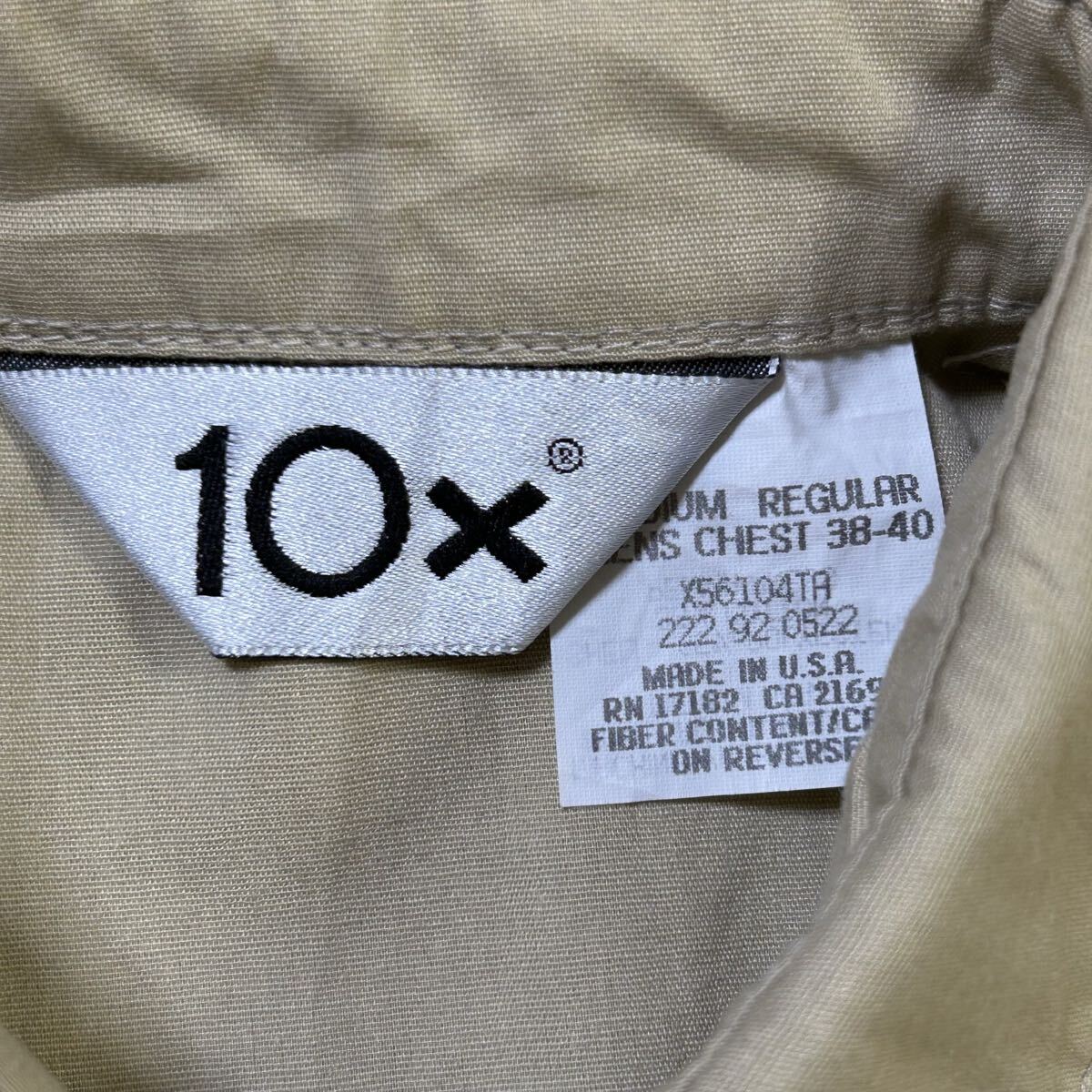 10X シャツ USA製 ワークシャツ 長袖 胸ポケット 胸ロゴ 刺繍ロゴ ベージュ 古着 M_画像3