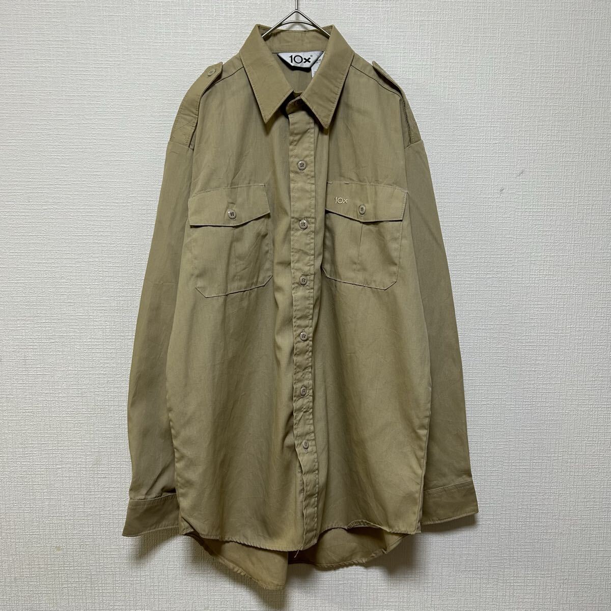 10X シャツ USA製 ワークシャツ 長袖 胸ポケット 胸ロゴ 刺繍ロゴ ベージュ 古着 M_画像7