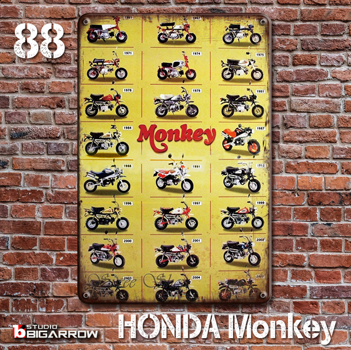 88 ブリキ看板 20×30㎝ HONDA MONKEY ホンダ 歴代モンキー ガレージ メタルプレート アメリカンインテリア USフェンス 世田谷ベース_画像2