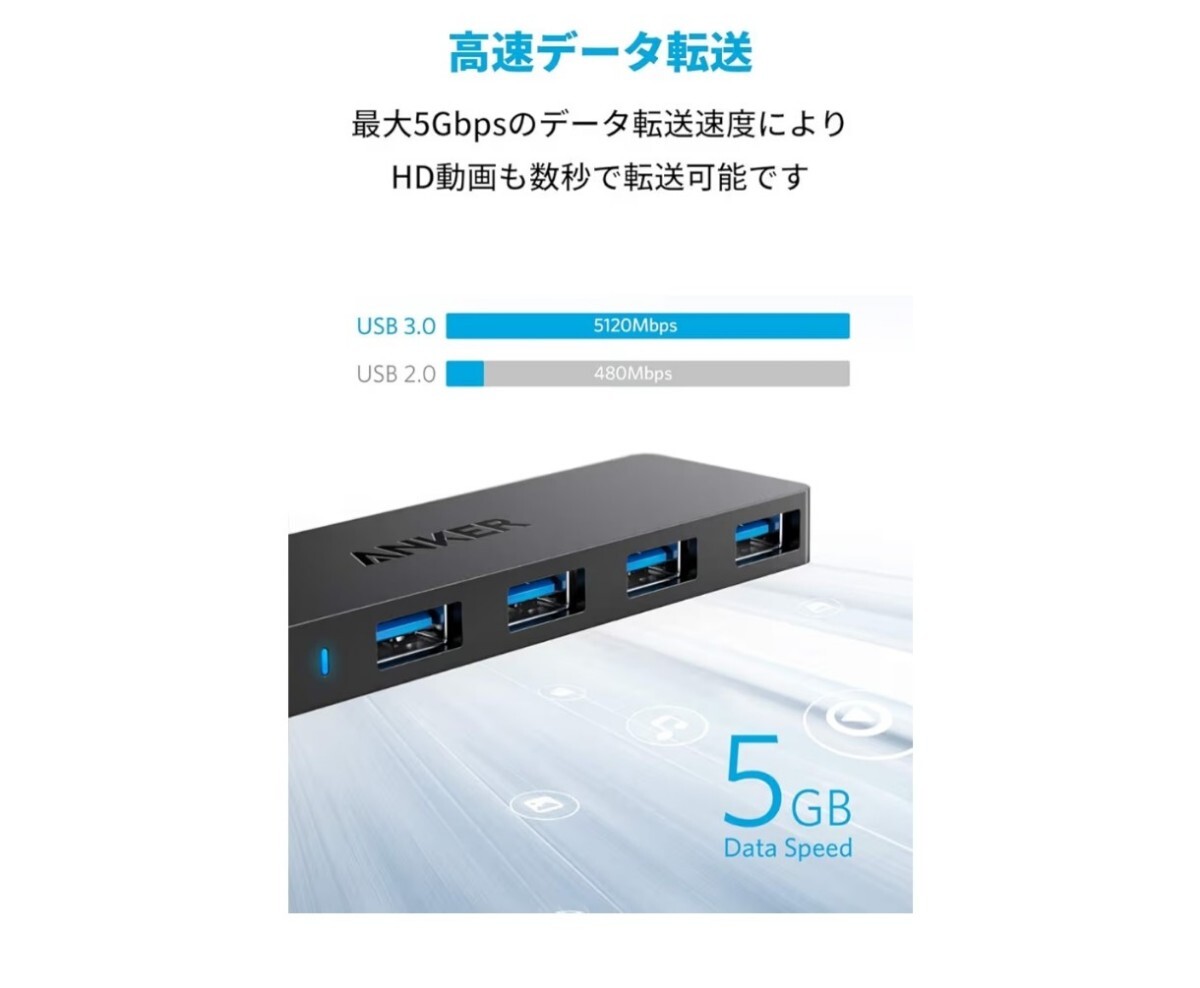【送料無料】Anker USB3.0 ウルトラスリム 4ポートハブ USB ハブ 60cm ケーブル 5Gbps高速転送 バスパワー 軽量 コンパクト_画像6