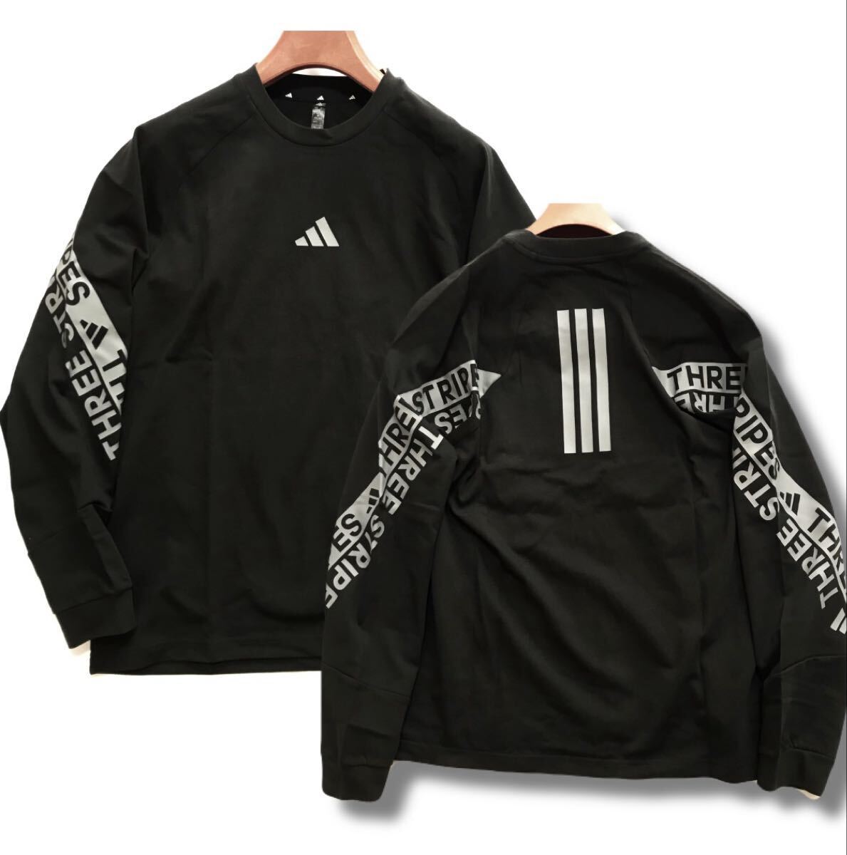 ◆J415新品【メンズXL】adidas 新モデル 黒 アディダス ゴルフに最適 両腕BIGロゴ 背面3ライン クルーネック ワーディング 長袖シャツ_画像1