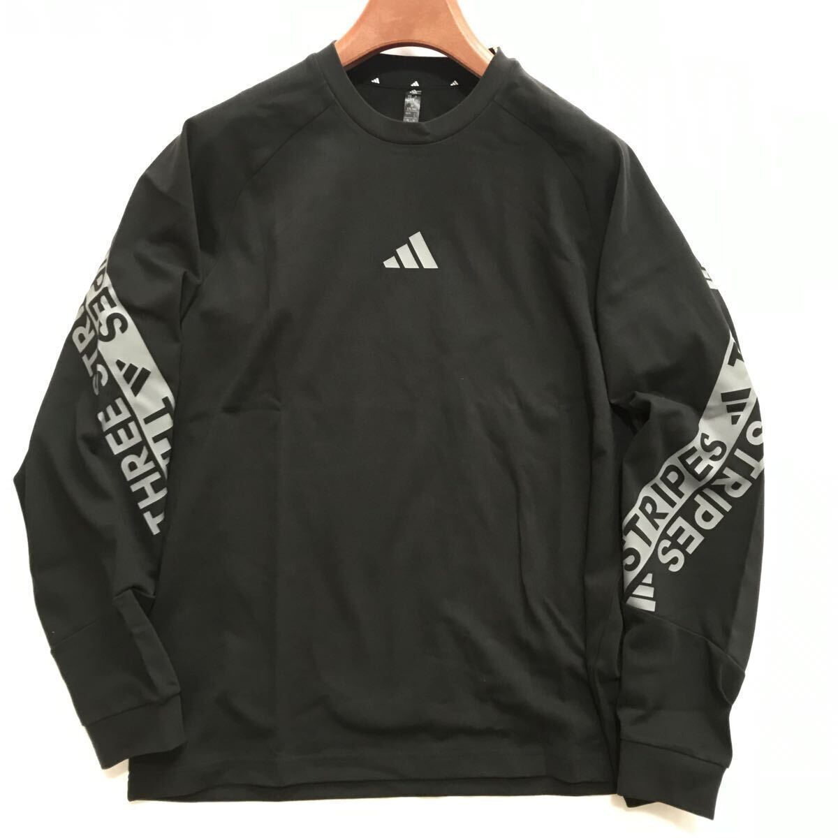 ◆J415新品【メンズXL】adidas 新モデル 黒 アディダス ゴルフに最適 両腕BIGロゴ 背面3ライン クルーネック ワーディング 長袖シャツ_画像7