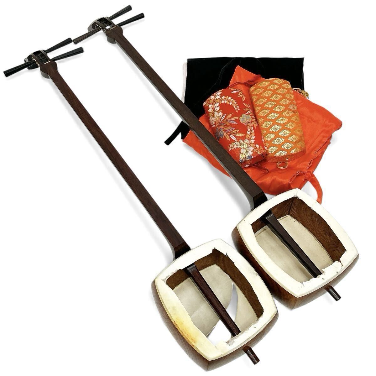 三味線 細棹 紅木 金細 他 2点まとめ 一本溝 綾杉胴 和楽器 民謡 arc川1105_画像1