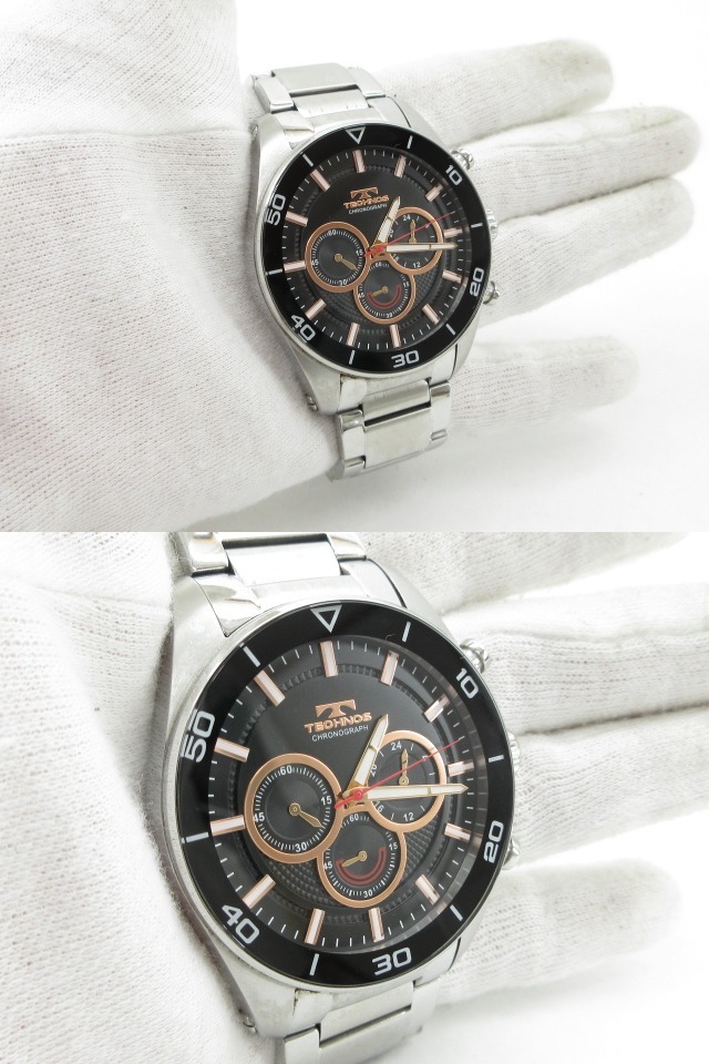 s61070-ap [送料950円]ジャンク▼TECHNOS テクノス T6A44 クォーツ クロノグラフ アナログ メンズ 腕時計 シルバー [155-251121]_画像2