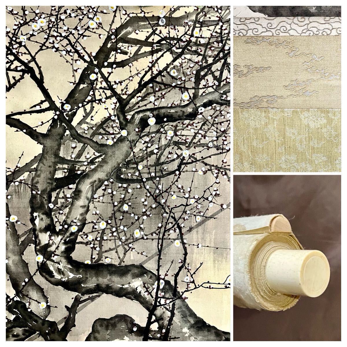 【真作】【仙】山中古洞 他合作「月夜白梅泣美人」絹本 肉筆 合箱 金泥 大和絵 美人画 書 歌 絵画 掛軸 明治-昭和期 師: 月岡芳年 熊谷直彦_画像10