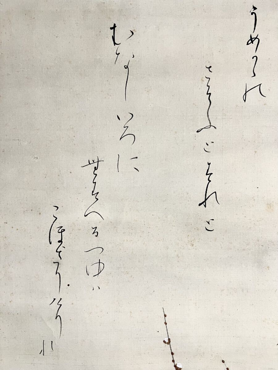 【真作】【仙】山中古洞 他合作「月夜白梅泣美人」絹本 肉筆 合箱 金泥 大和絵 美人画 書 歌 絵画 掛軸 明治-昭和期 師: 月岡芳年 熊谷直彦_画像5