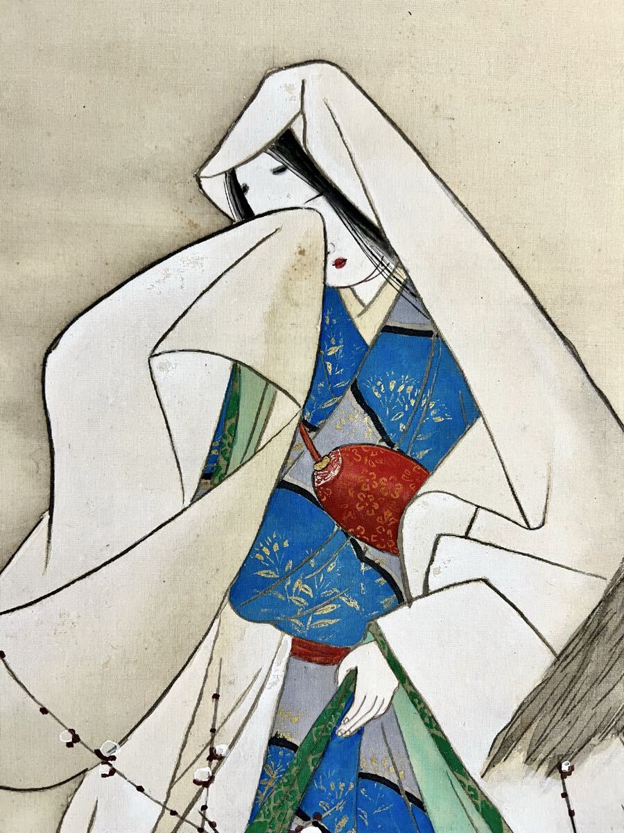 【真作】【仙】山中古洞 他合作「月夜白梅泣美人」絹本 肉筆 合箱 金泥 大和絵 美人画 書 歌 絵画 掛軸 明治-昭和期 師: 月岡芳年 熊谷直彦_画像6